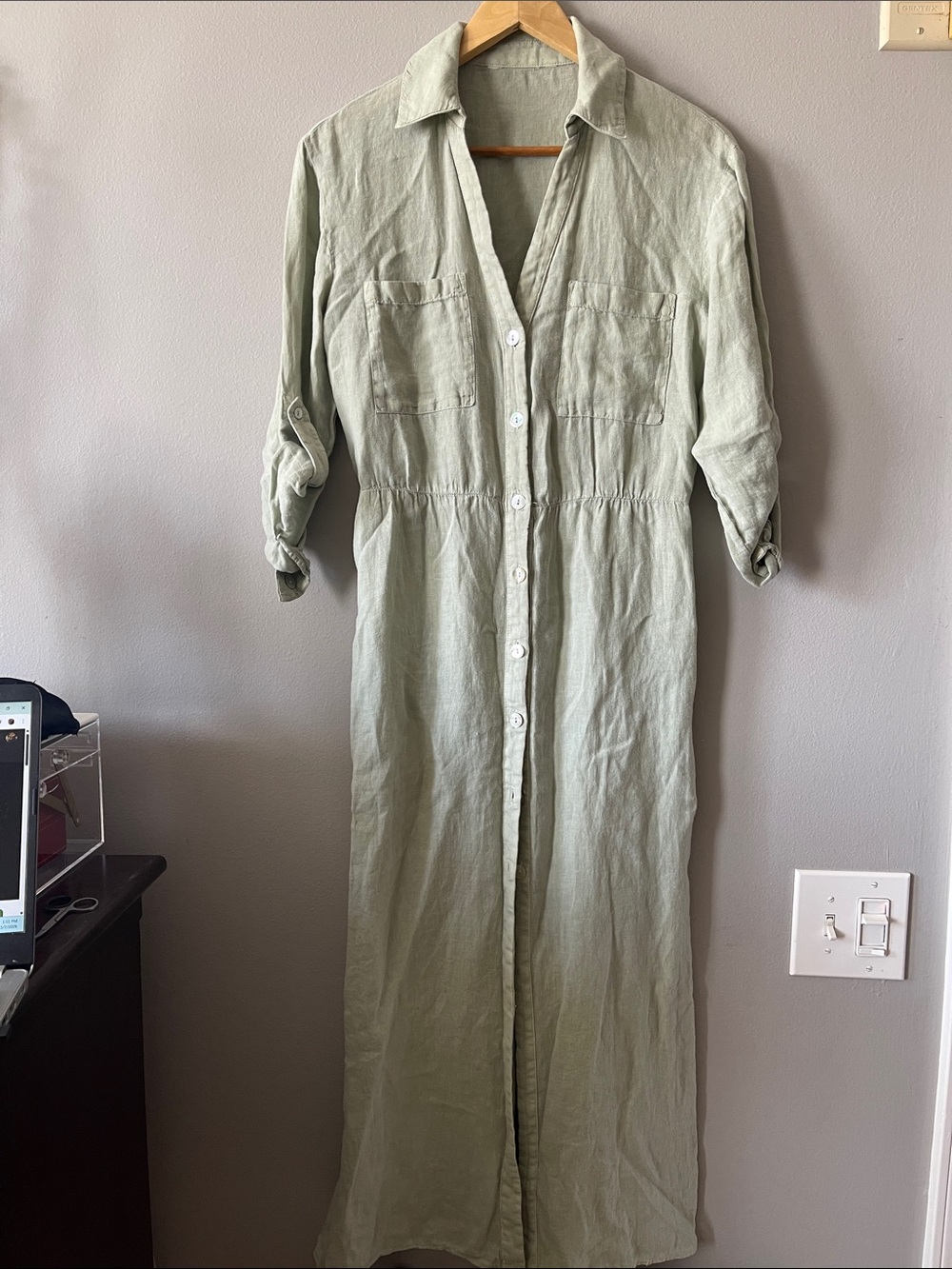 Linen Button-Front Sage Green Maxi Dress